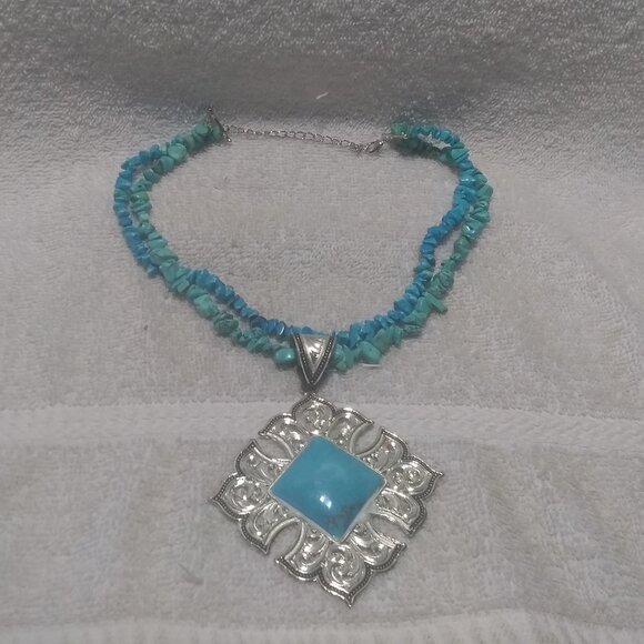 Montana Silversmiths Large Turquoise Stone Silver Frame Double Beaded Chain Nice - Picture 1 of 12